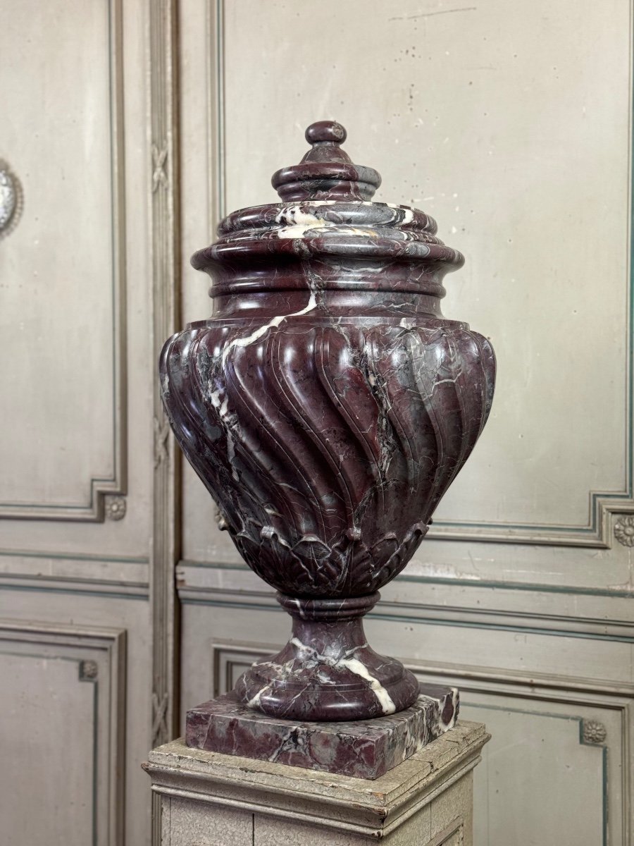 Saravezza Marble Basin The Spiral Fluted Body Topped With A Lid Circa 1900-photo-7