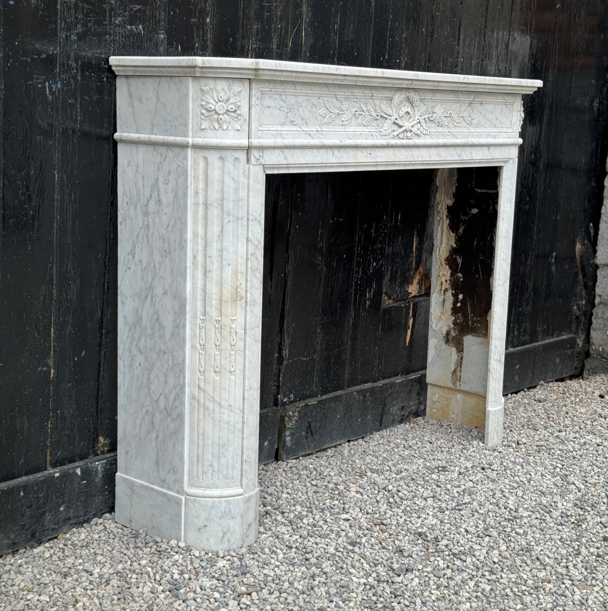 Louis XVI Style Half Moon Fireplace In White Carrara Marble Circa 1880-photo-4