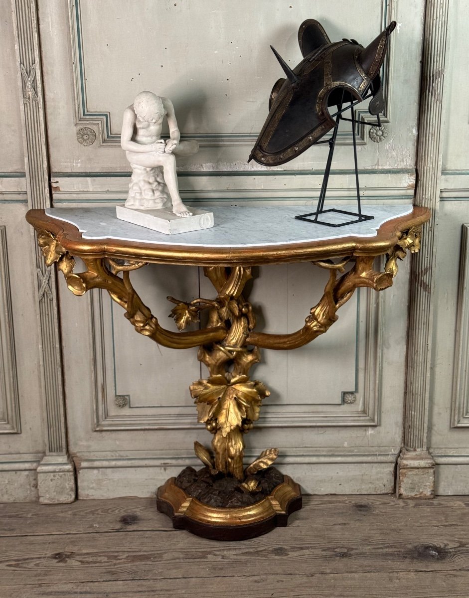 Console En Bois Sculpté Et Doré à L’imitation Du Bois Naturel, Italie Vers 1880-photo-2