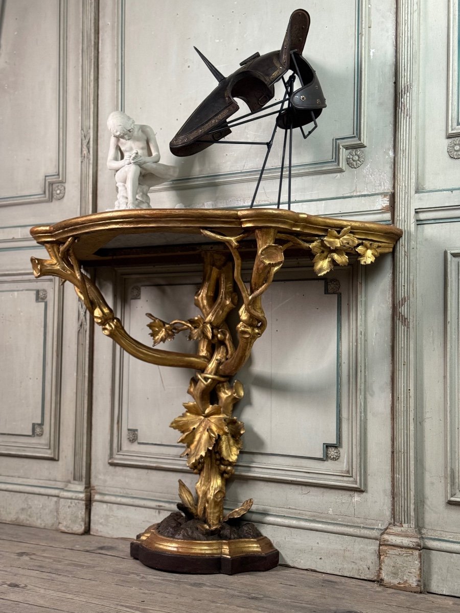 Console En Bois Sculpté Et Doré à L’imitation Du Bois Naturel, Italie Vers 1880-photo-1