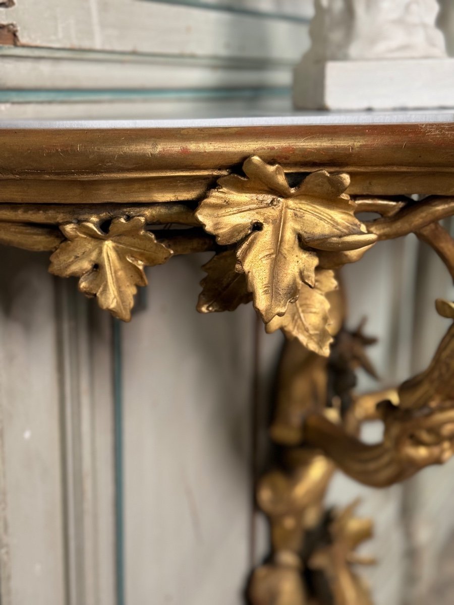 Console En Bois Sculpté Et Doré à L’imitation Du Bois Naturel, Italie Vers 1880-photo-5