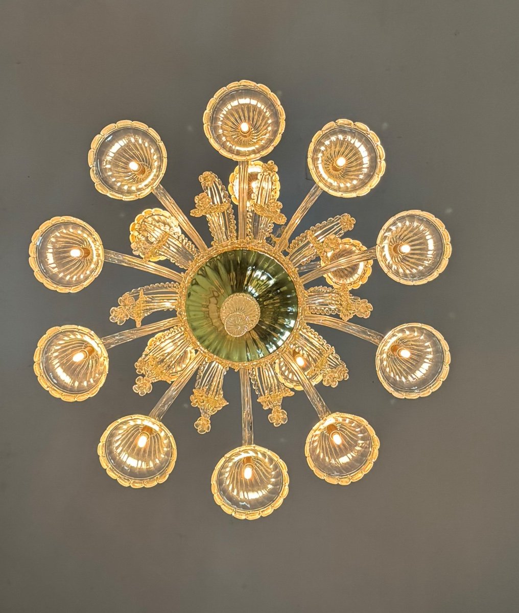 Venetian Chandelier In Golden Murano Glass 15 Lights On Two Levels, Circa 1940-photo-6