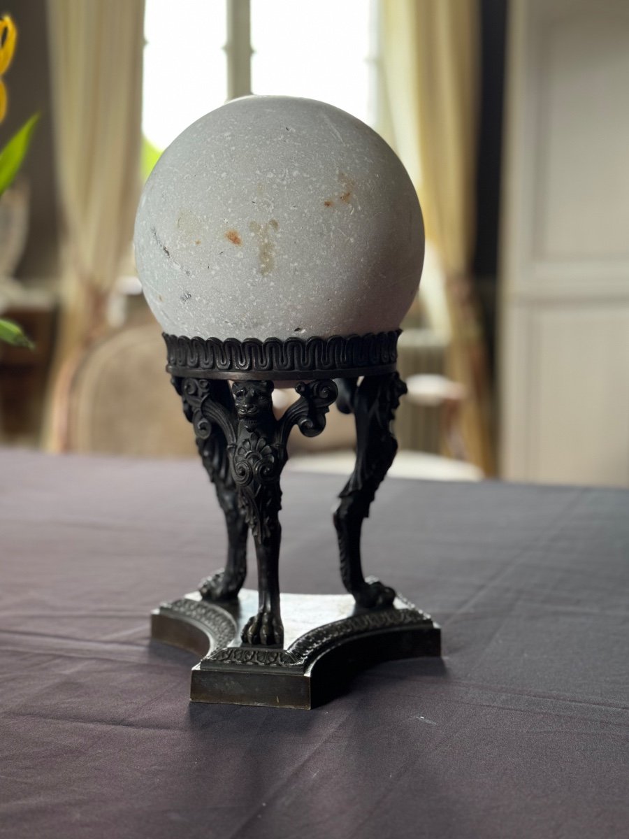 Pair Of Marble Spheres On Bronze Tripods, 19th Century -photo-2