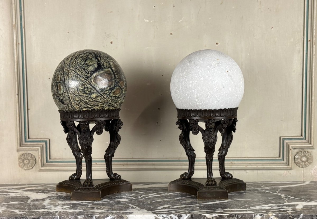 Pair Of Marble Spheres On Bronze Tripods, 19th Century -photo-8