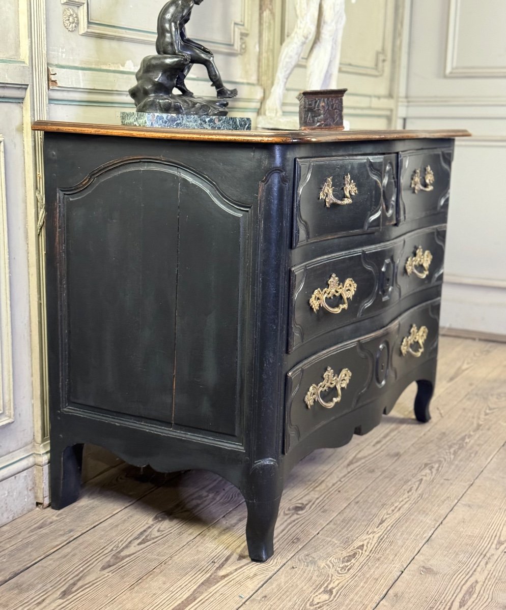 Commode Parisienne Louis XV En Bois Patine Noire, Tablette Cirée Au Naturel, XVIIIème Siècle-photo-2