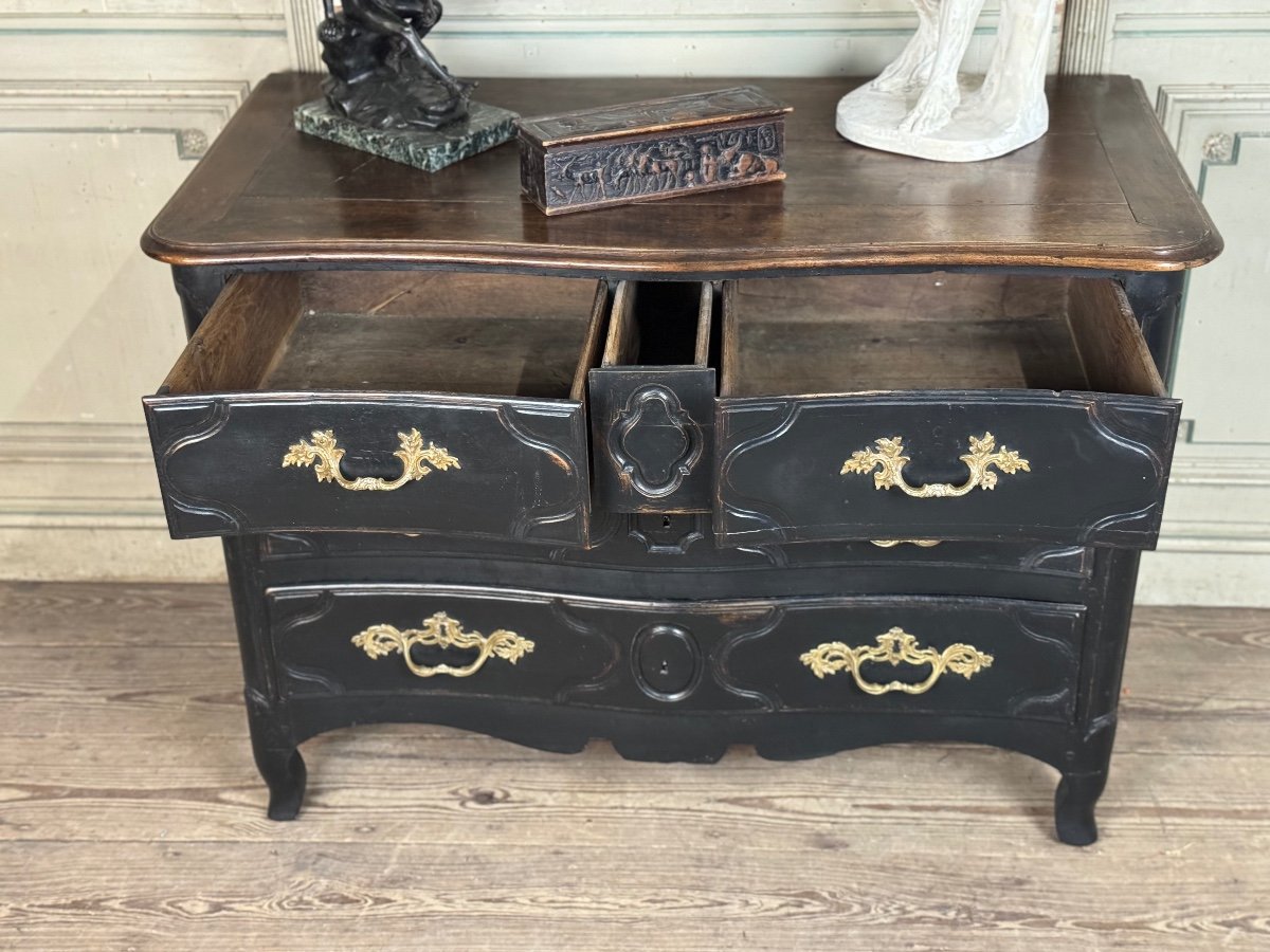 Commode Parisienne Louis XV En Bois Patine Noire, Tablette Cirée Au Naturel, XVIIIème Siècle-photo-3