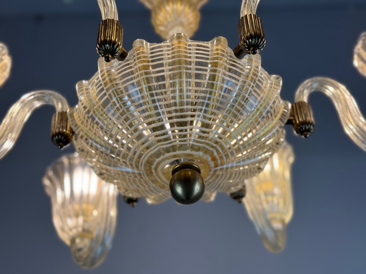 Venetian Chandelier In Golden Murano Glass And Reticello, 6 Arms Of Light Circa 1950 -photo-2