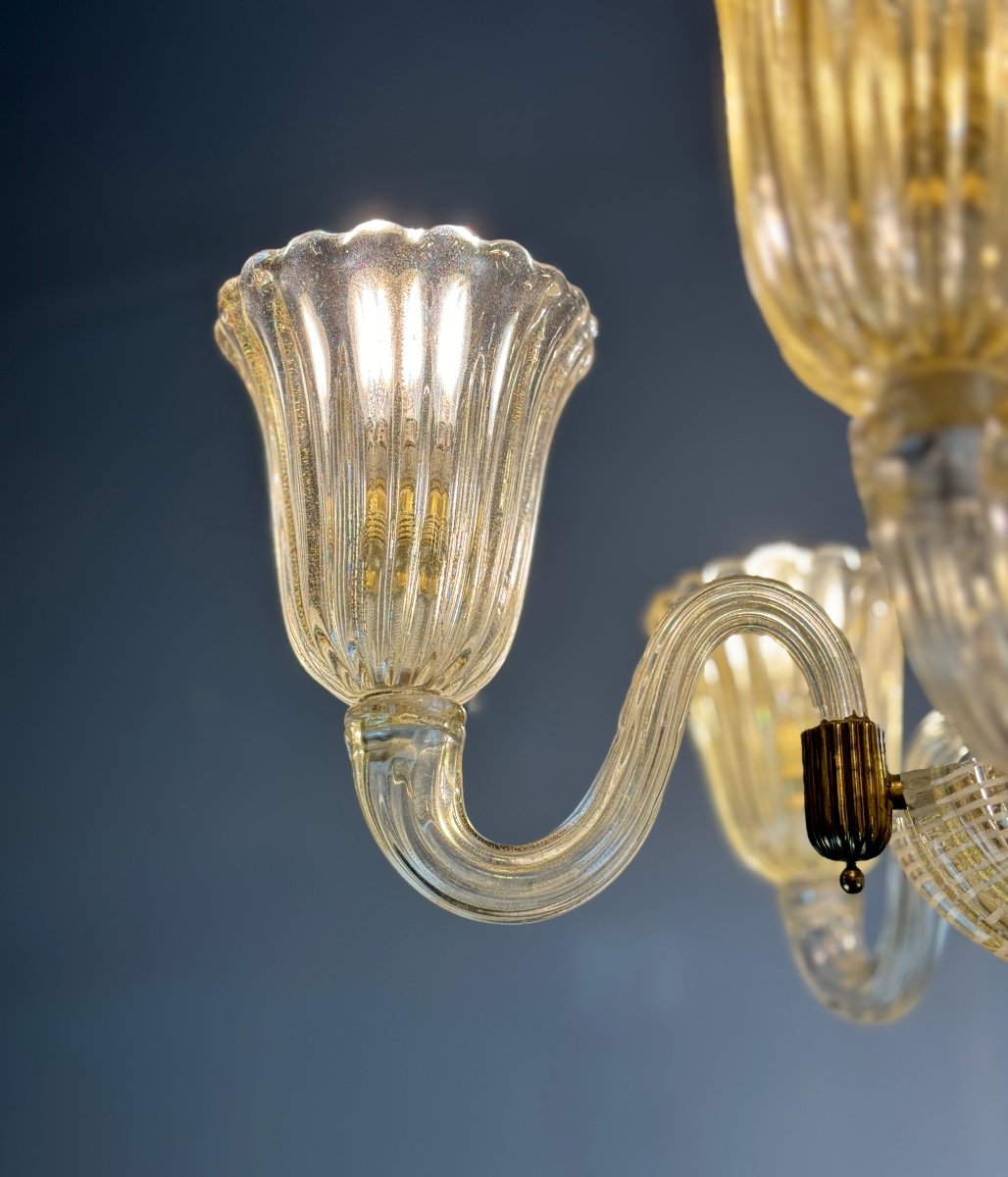 Venetian Chandelier In Golden Murano Glass And Reticello, 6 Arms Of Light Circa 1950 -photo-3