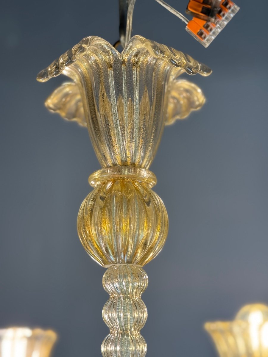 Venetian Chandelier In Golden Murano Glass And Reticello, 6 Arms Of Light Circa 1950 -photo-4