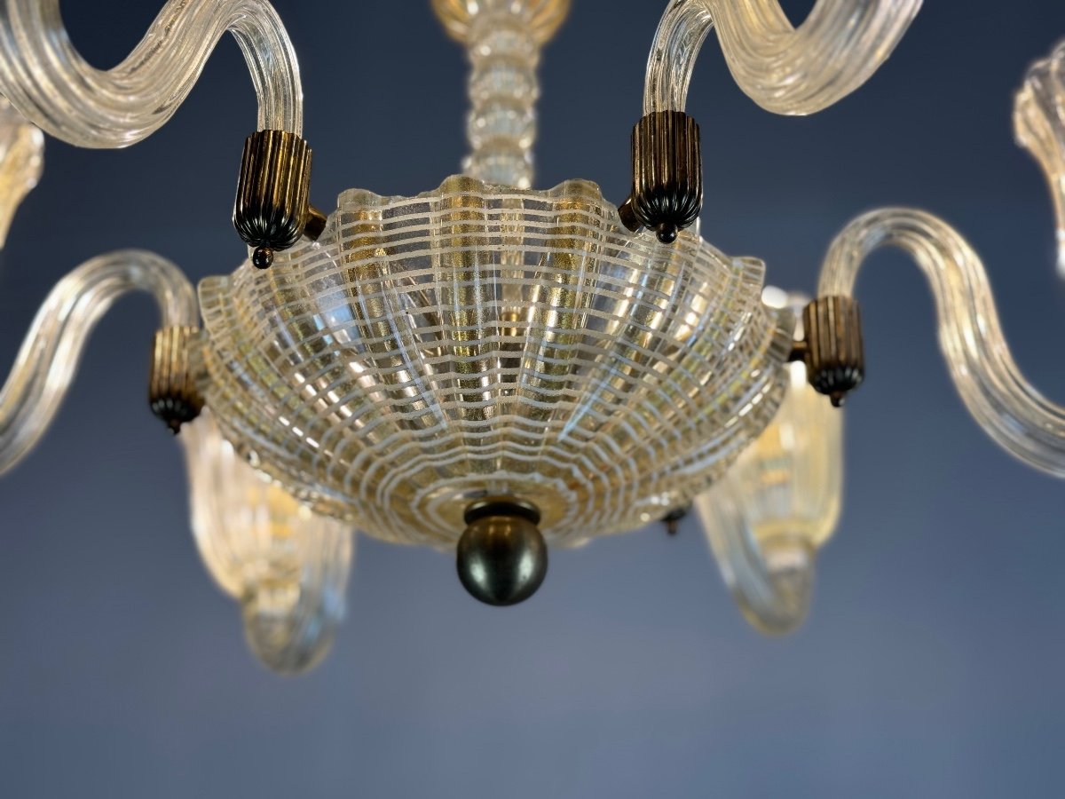 Venetian Chandelier In Golden Murano Glass And Reticello, 6 Arms Of Light Circa 1950 -photo-4