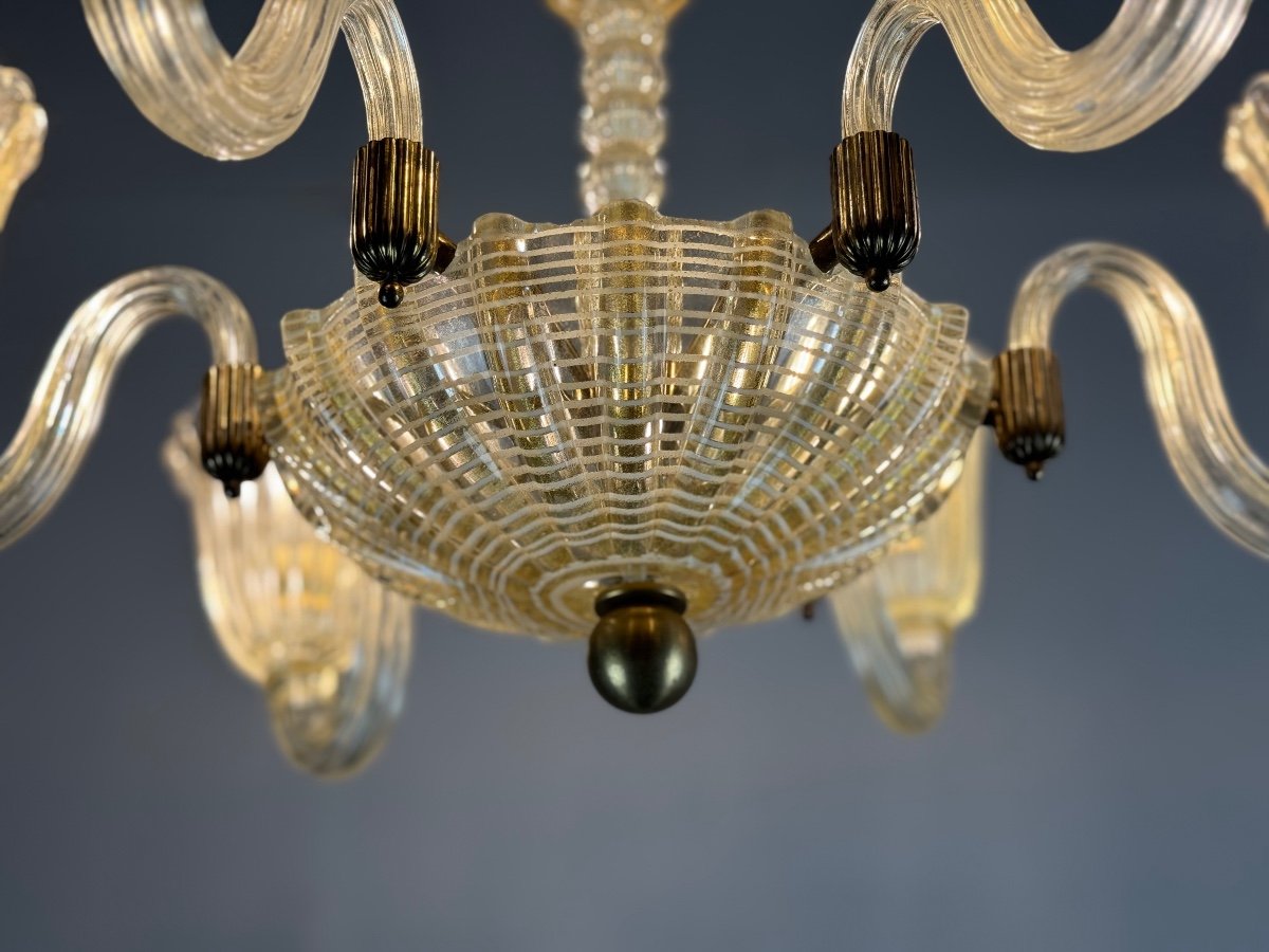 Venetian Chandelier In Golden Murano Glass And Reticello, 6 Arms Of Light Circa 1950 -photo-8