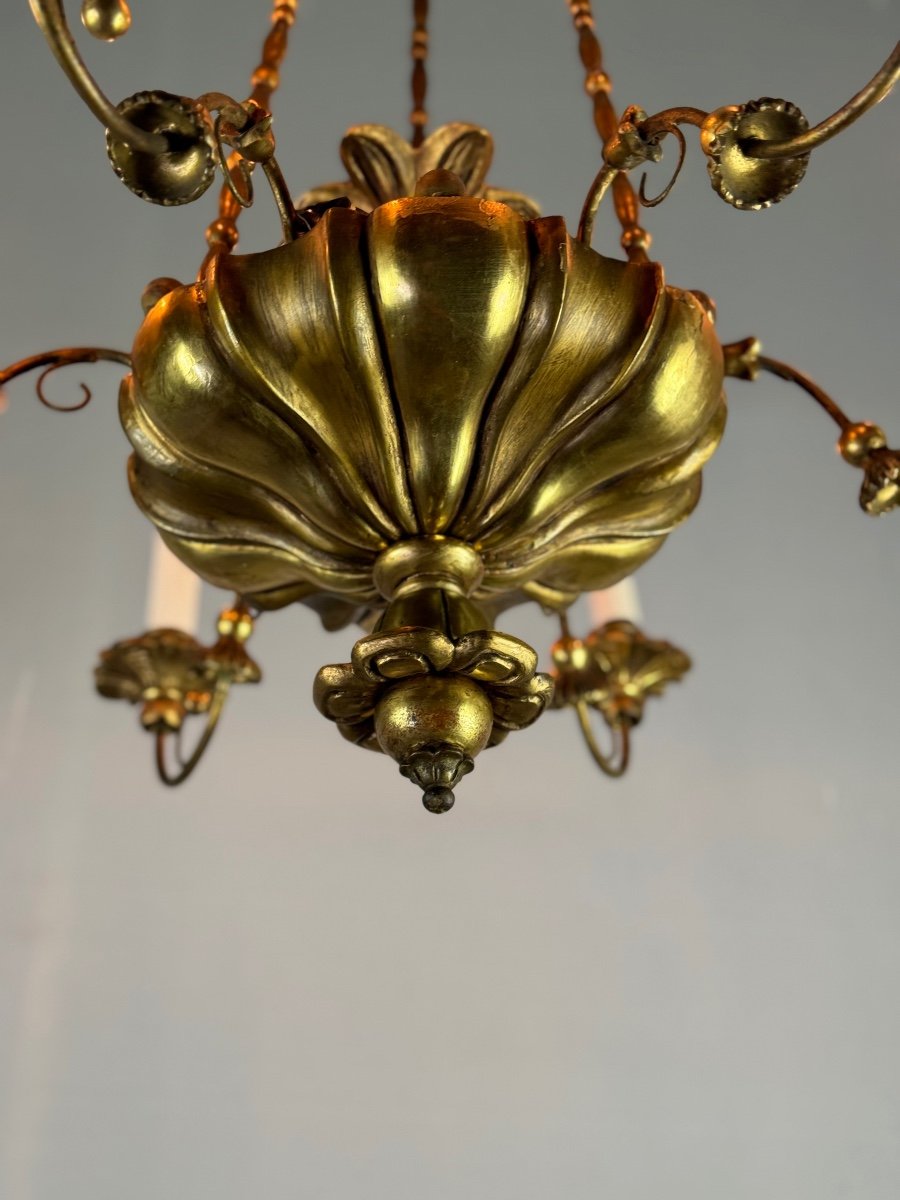 Chandelier In Golden Wood And Brass, Central Europe Circa 1900 -photo-7