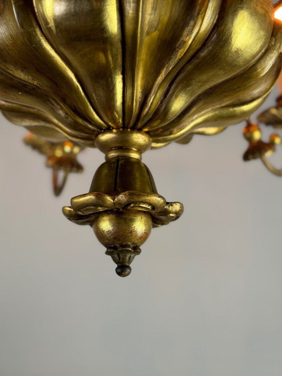 Chandelier In Golden Wood And Brass, Central Europe Circa 1900 -photo-8