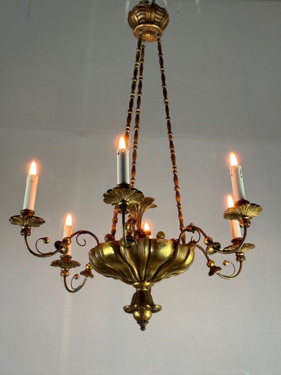 Chandelier In Golden Wood And Brass, Central Europe Circa 1900 