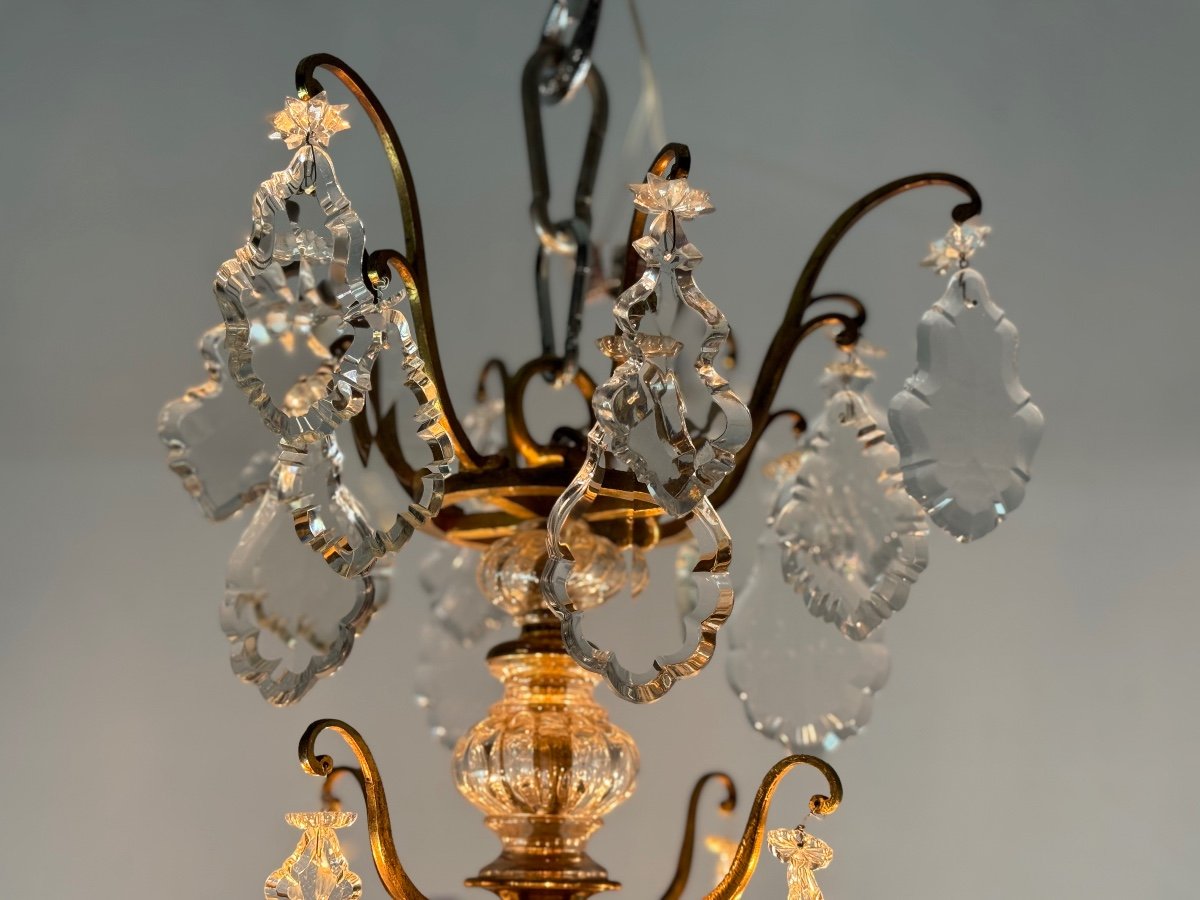 Lustre Cage De Style Louis XV En Bronze Doré Garni De Pampilles Vers 1920-photo-3