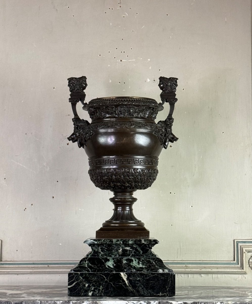 Patinated Bronze Vase With Handles Topped With Two-headed Busts 19th Century 