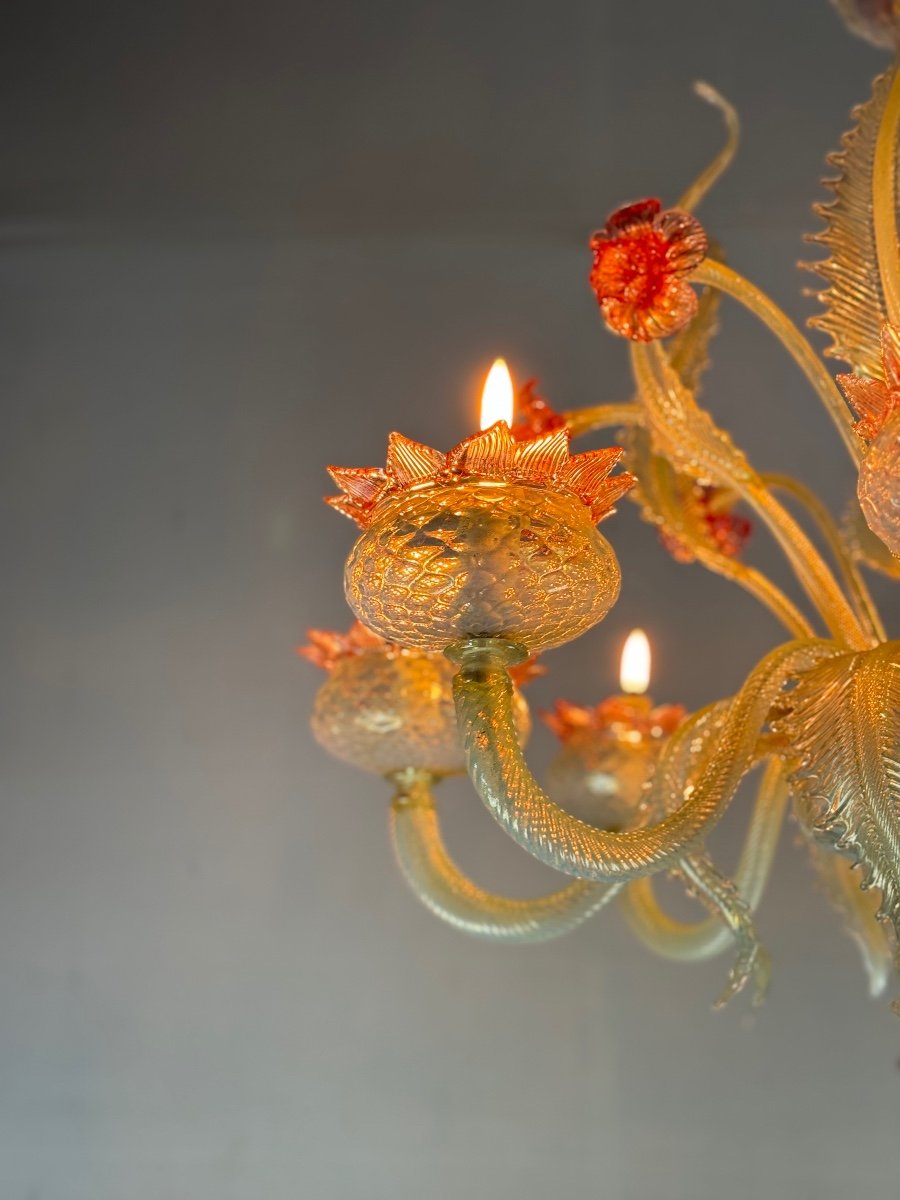 Venetian Chandelier In Opalescent Murano Glass, Gold And Red, 8 Light Arms Circa 1930-photo-7