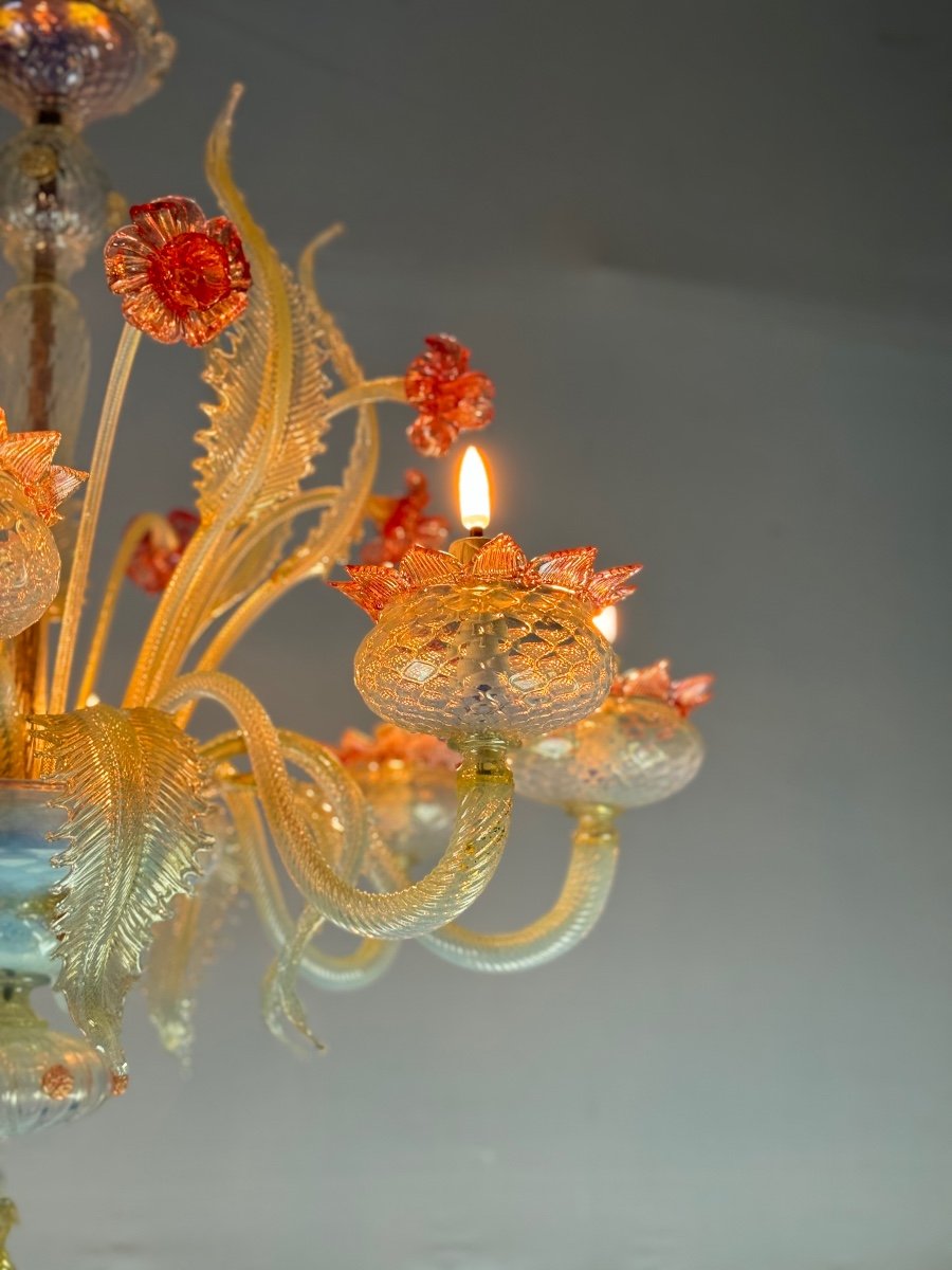 Venetian Chandelier In Opalescent Murano Glass, Gold And Red, 8 Light Arms Circa 1930-photo-8