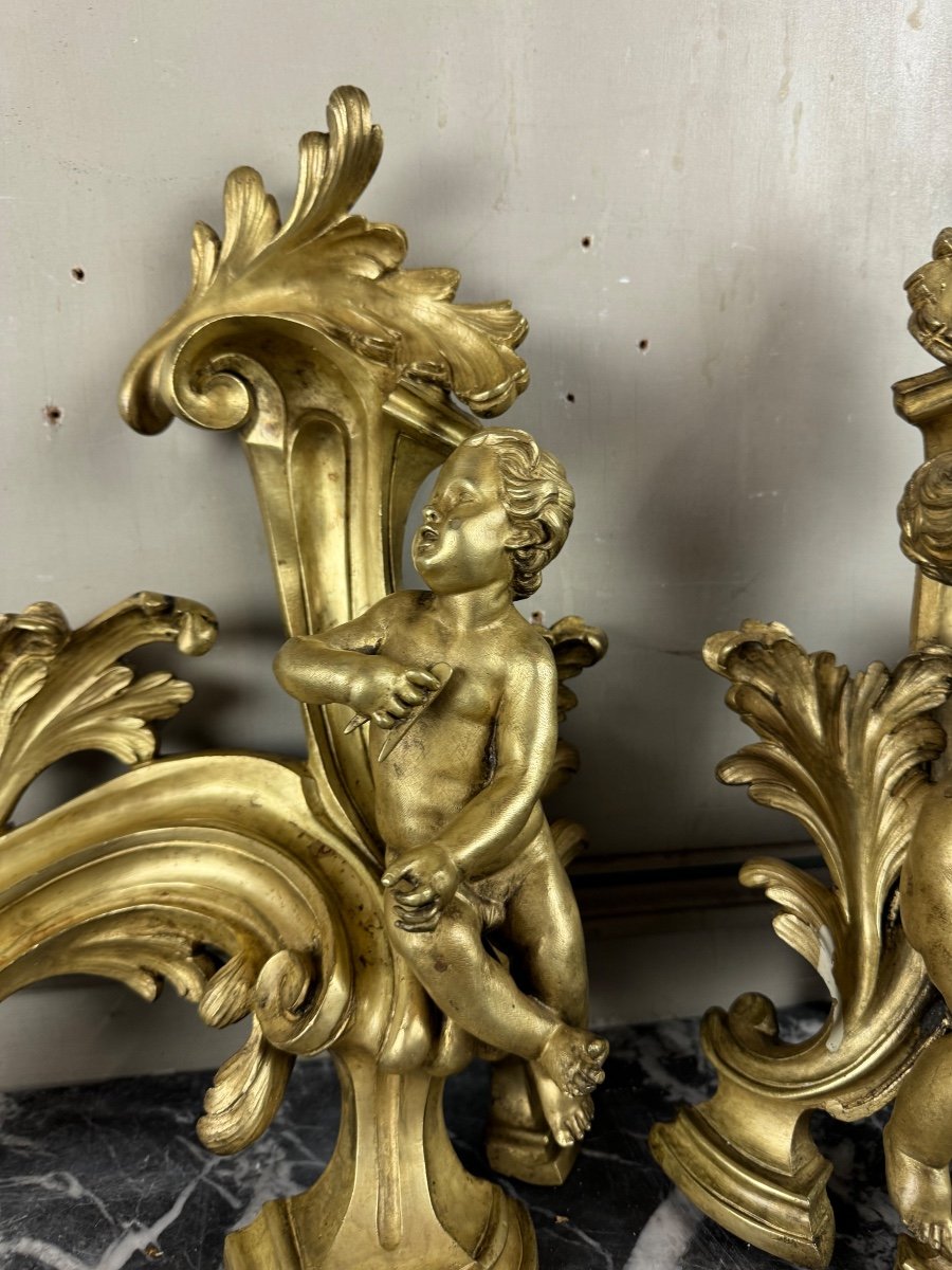 Pair Of Chiseled And Gilded Bronze Firedogs After A Model By Jacques Caffieri, Paris, 19th Century -photo-4