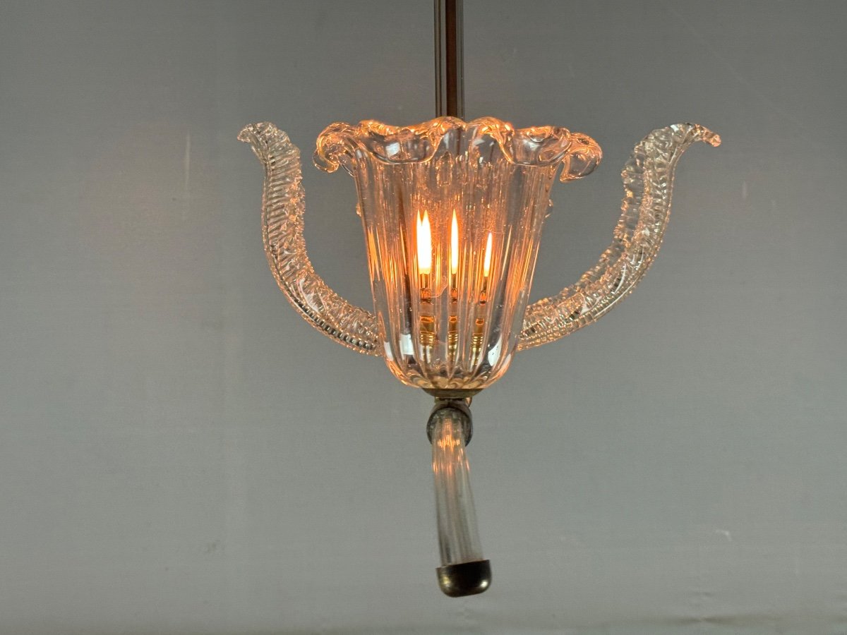 Venetian Chandelier In Clear Murano Glass And Brass Circa 1950-photo-4