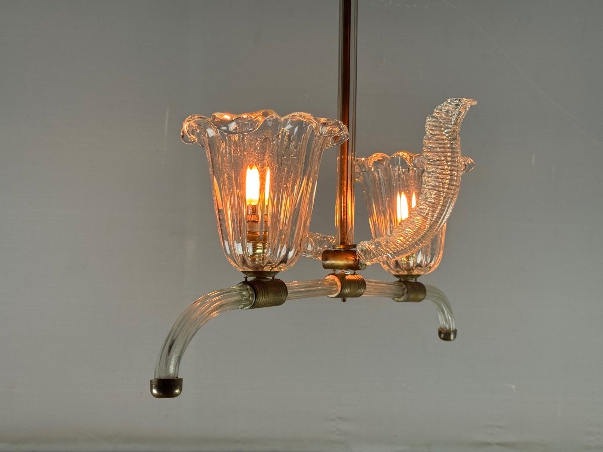 Venetian Chandelier In Clear Murano Glass And Brass Circa 1950-photo-6