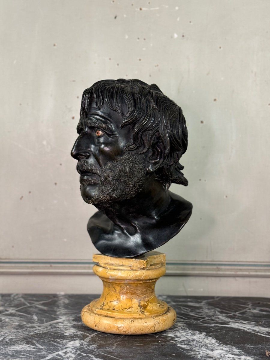 Bronze Bust With Black Patina, Marble Eyes After The Ancient Pseudo Seneca, 19th Century-photo-2