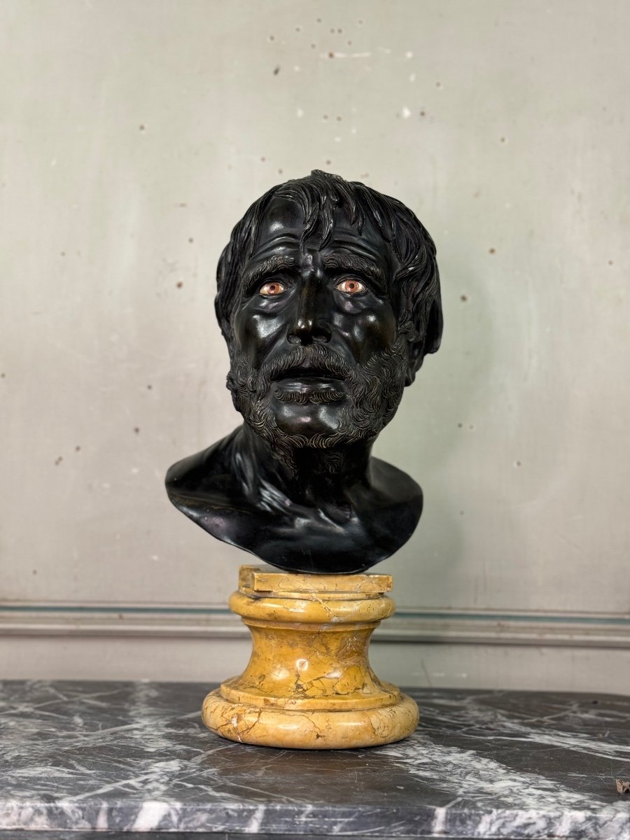 Bronze Bust With Black Patina, Marble Eyes After The Ancient Pseudo Seneca, 19th Century-photo-3