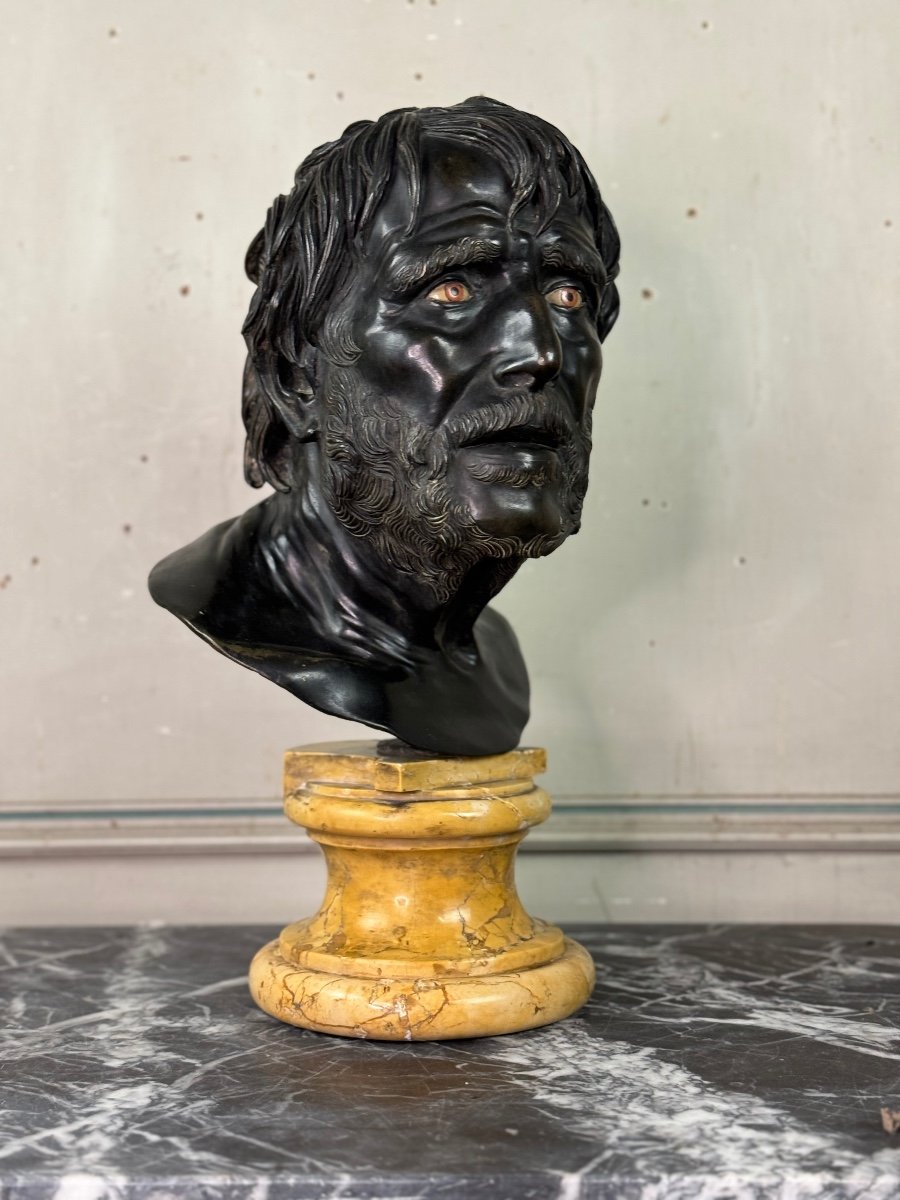 Bronze Bust With Black Patina, Marble Eyes After The Ancient Pseudo Seneca, 19th Century-photo-4