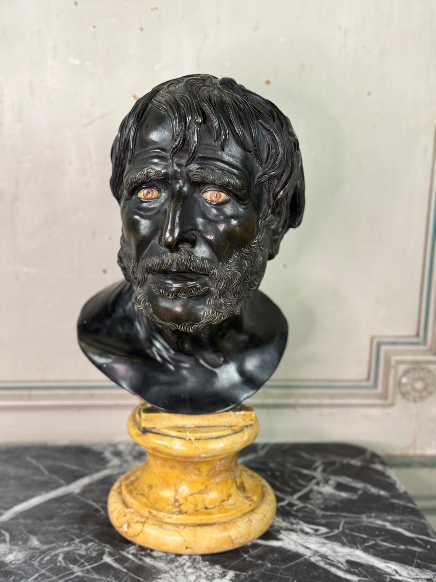 Bronze Bust With Black Patina, Marble Eyes After The Ancient Pseudo Seneca, 19th Century-photo-1