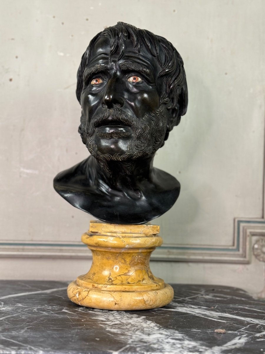 Bronze Bust With Black Patina, Marble Eyes After The Ancient Pseudo Seneca, 19th Century-photo-2