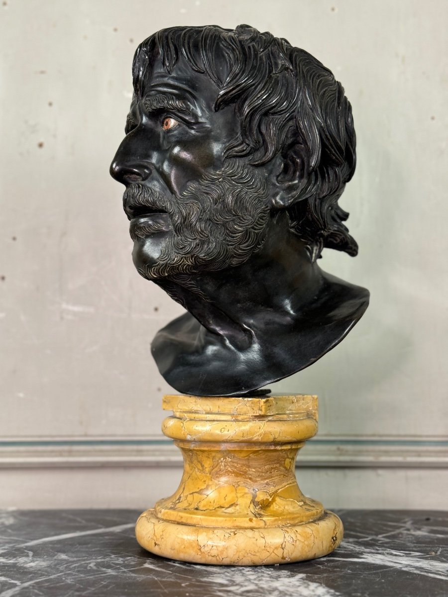 Bronze Bust With Black Patina, Marble Eyes After The Ancient Pseudo Seneca, 19th Century-photo-3