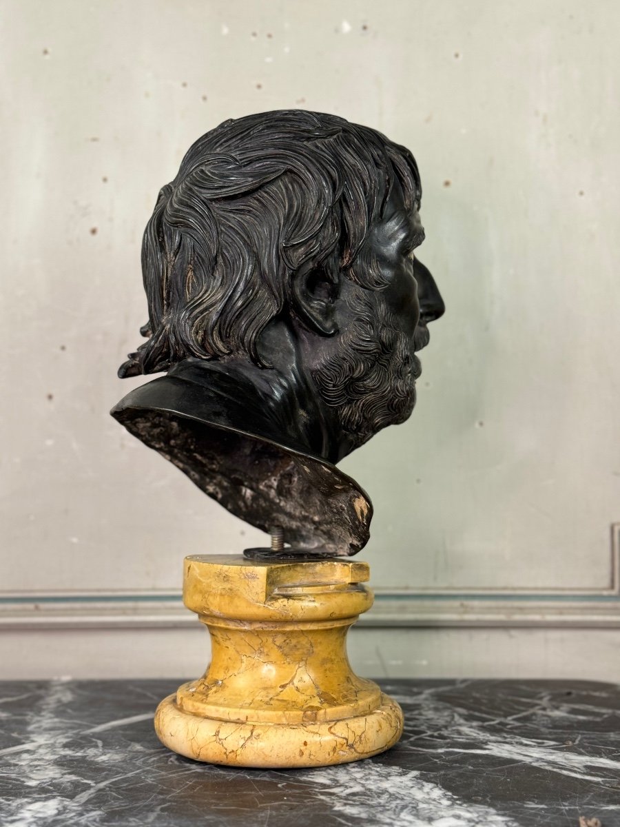 Bronze Bust With Black Patina, Marble Eyes After The Ancient Pseudo Seneca, 19th Century-photo-5