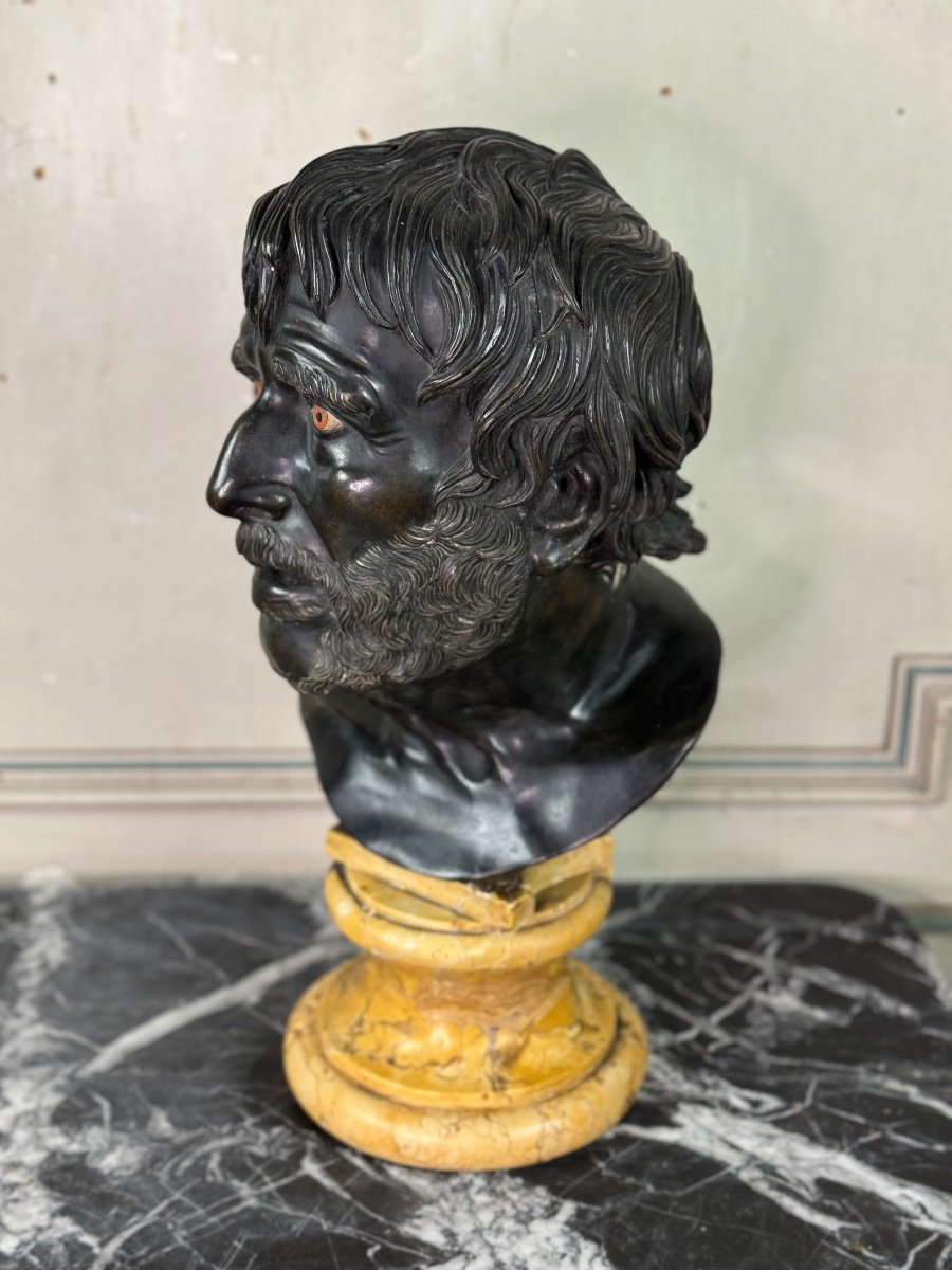 Bronze Bust With Black Patina, Marble Eyes After The Ancient Pseudo Seneca, 19th Century-photo-7