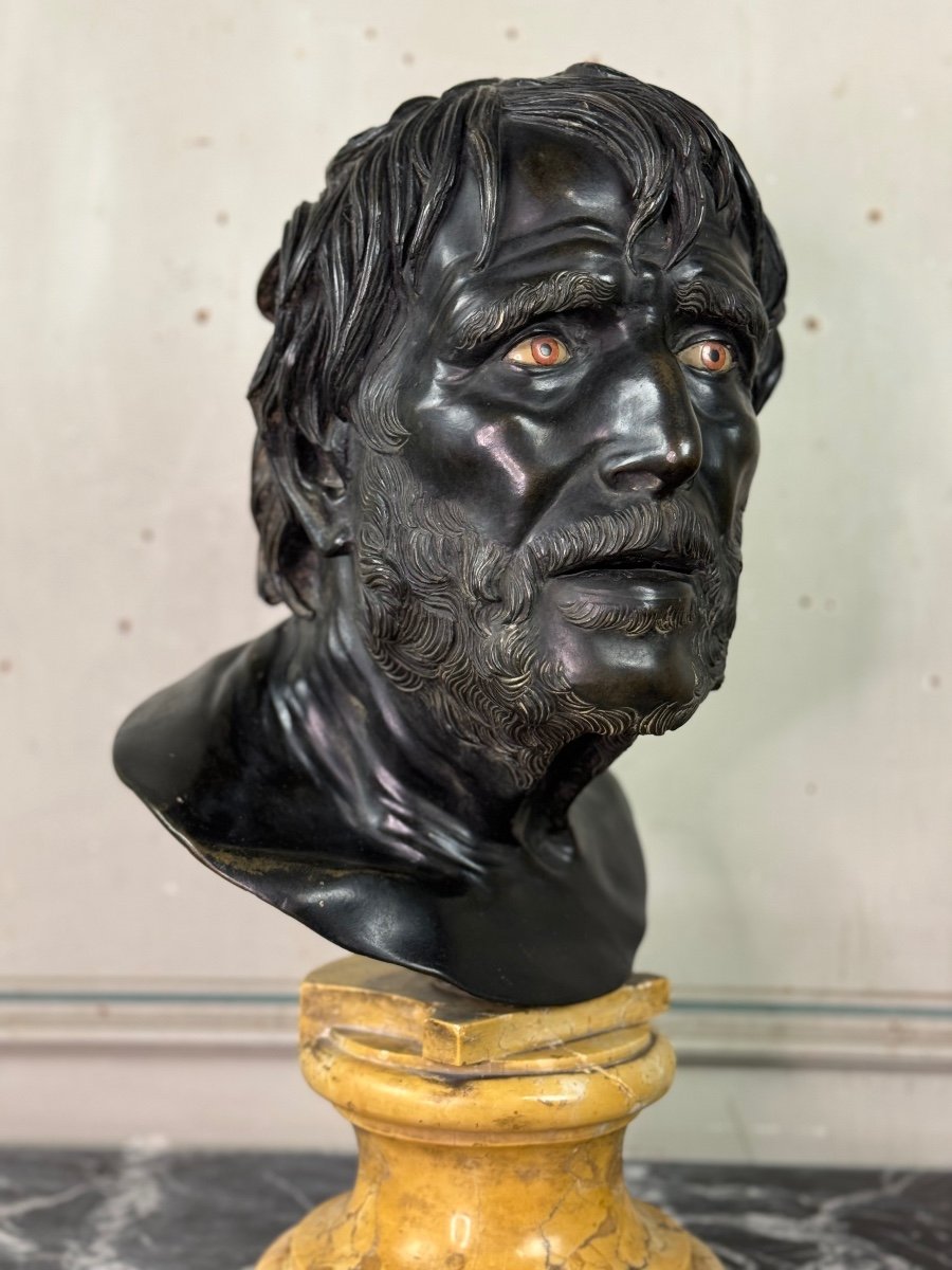 Bronze Bust With Black Patina, Marble Eyes After The Ancient Pseudo Seneca, 19th Century