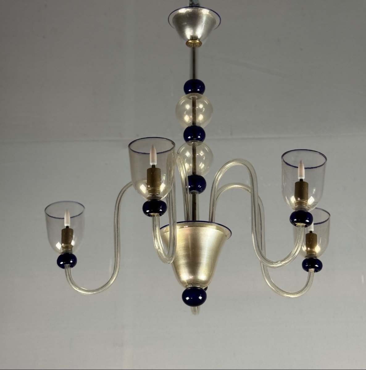 Lustre Vénitien En Verre De Murano Doré Et Bleu Foncé, 5 Bras De Lumière, Vers 1960-photo-4