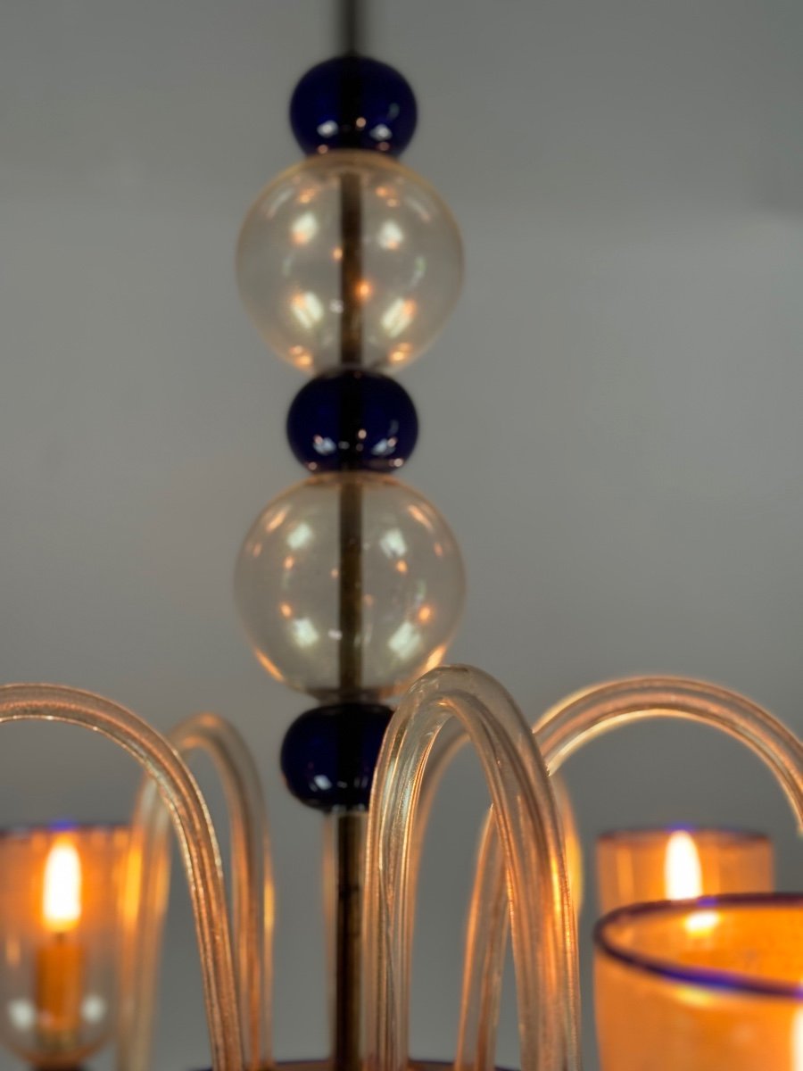 Venetian Murano Glass Chandelier In Gold And Dark Blue, 5 Light Arms, Circa 1960-photo-1