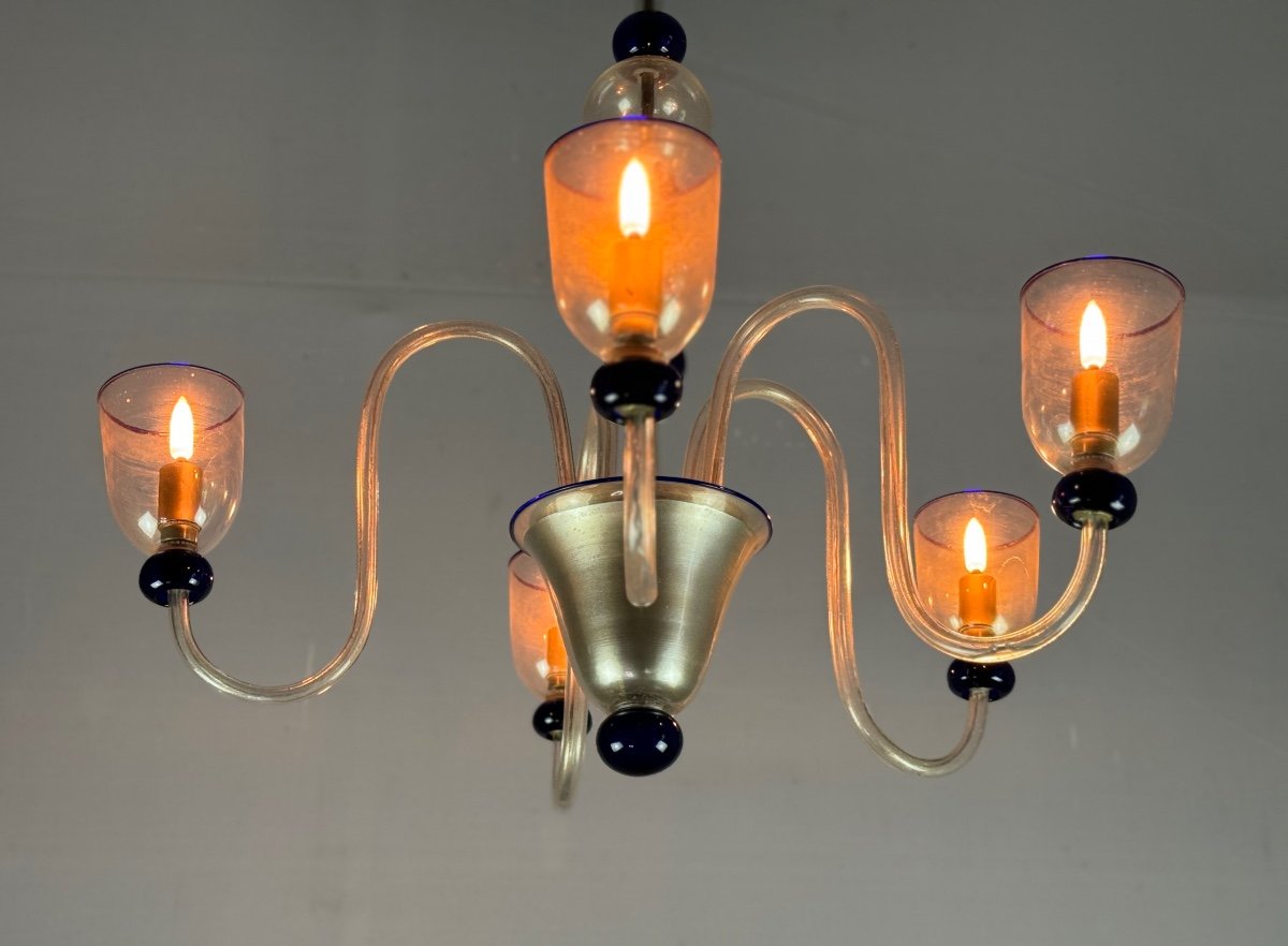 Venetian Murano Glass Chandelier In Gold And Dark Blue, 5 Light Arms, Circa 1960-photo-3