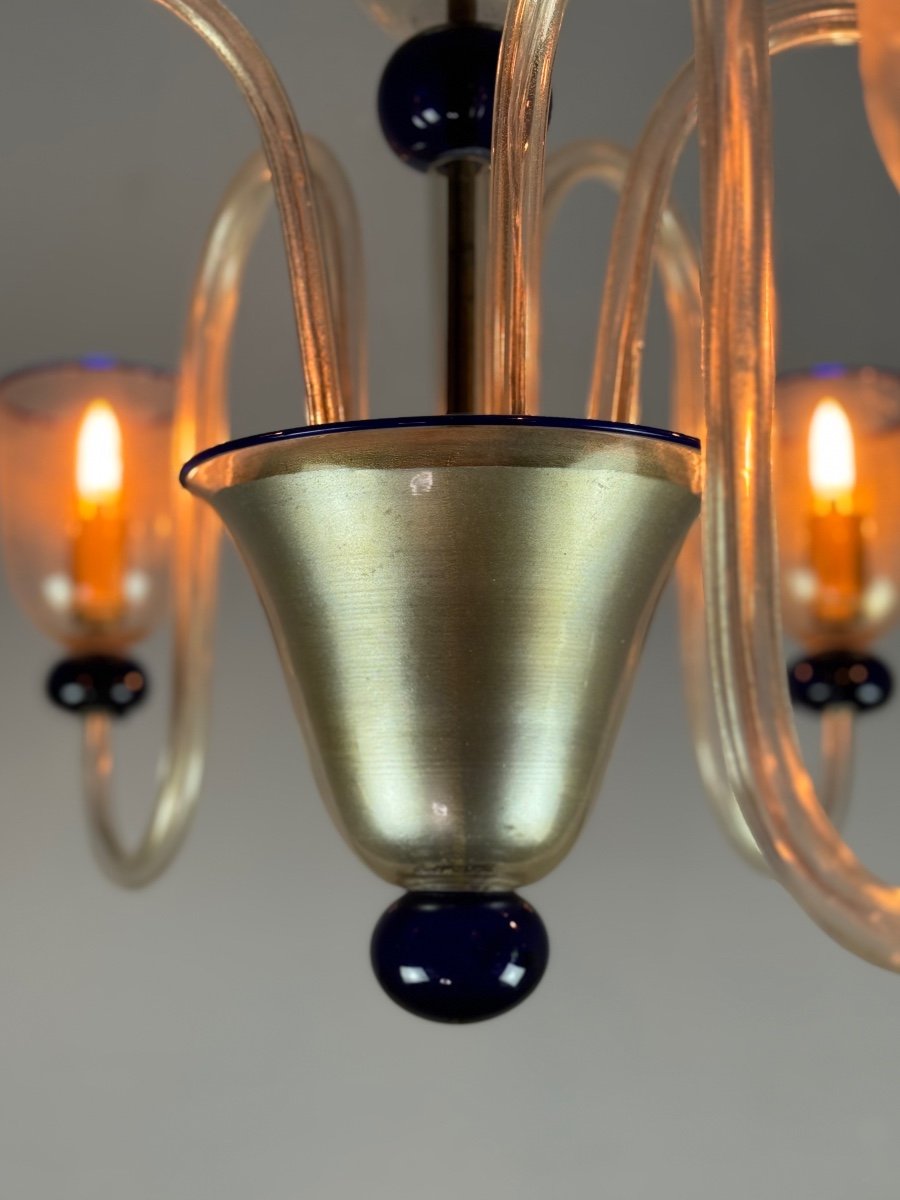 Venetian Murano Glass Chandelier In Gold And Dark Blue, 5 Light Arms, Circa 1960-photo-4