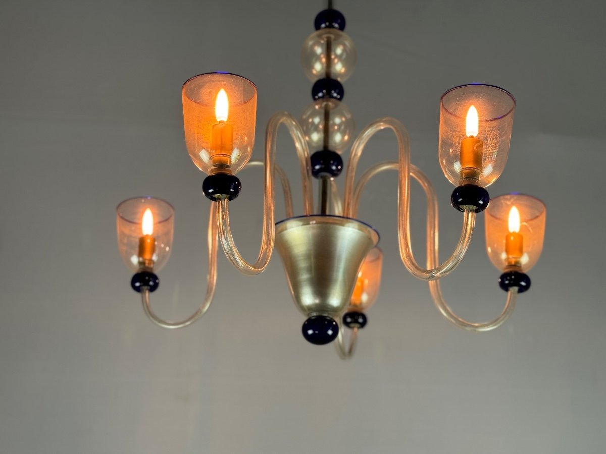 Venetian Murano Glass Chandelier In Gold And Dark Blue, 5 Light Arms, Circa 1960-photo-6