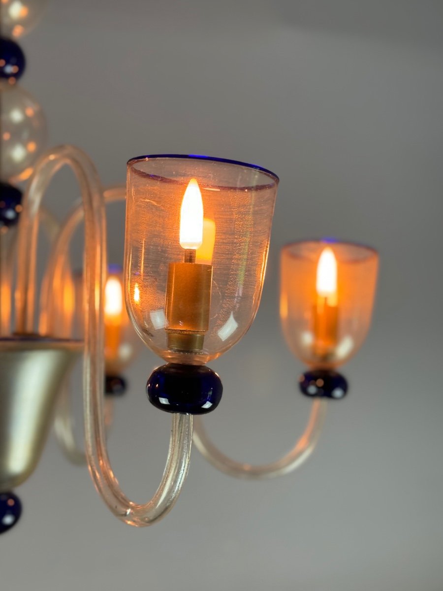 Venetian Murano Glass Chandelier In Gold And Dark Blue, 5 Light Arms, Circa 1960-photo-8