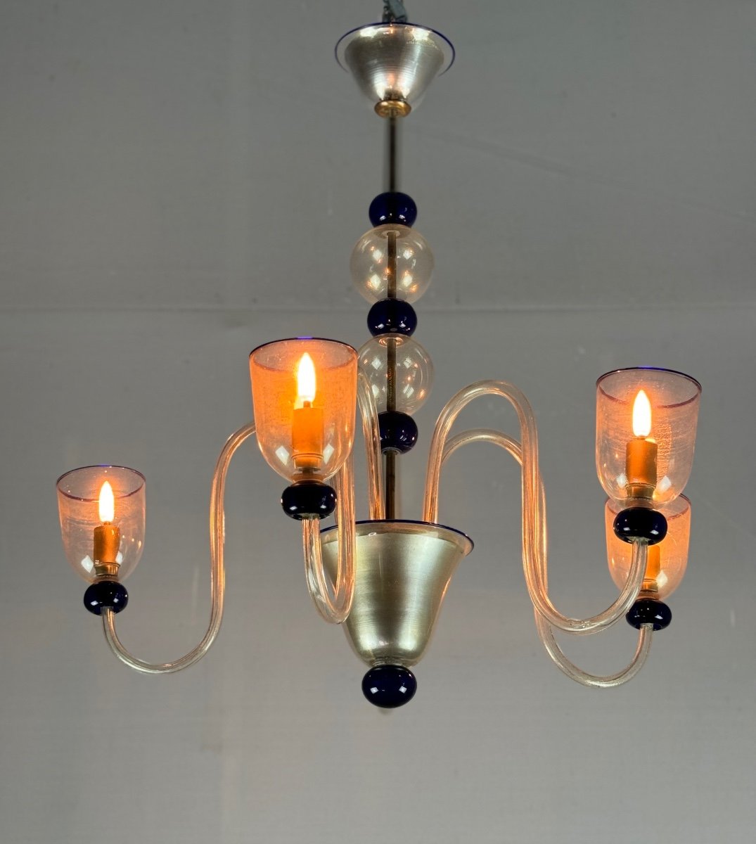 Venetian Murano Glass Chandelier In Gold And Dark Blue, 5 Light Arms, Circa 1960