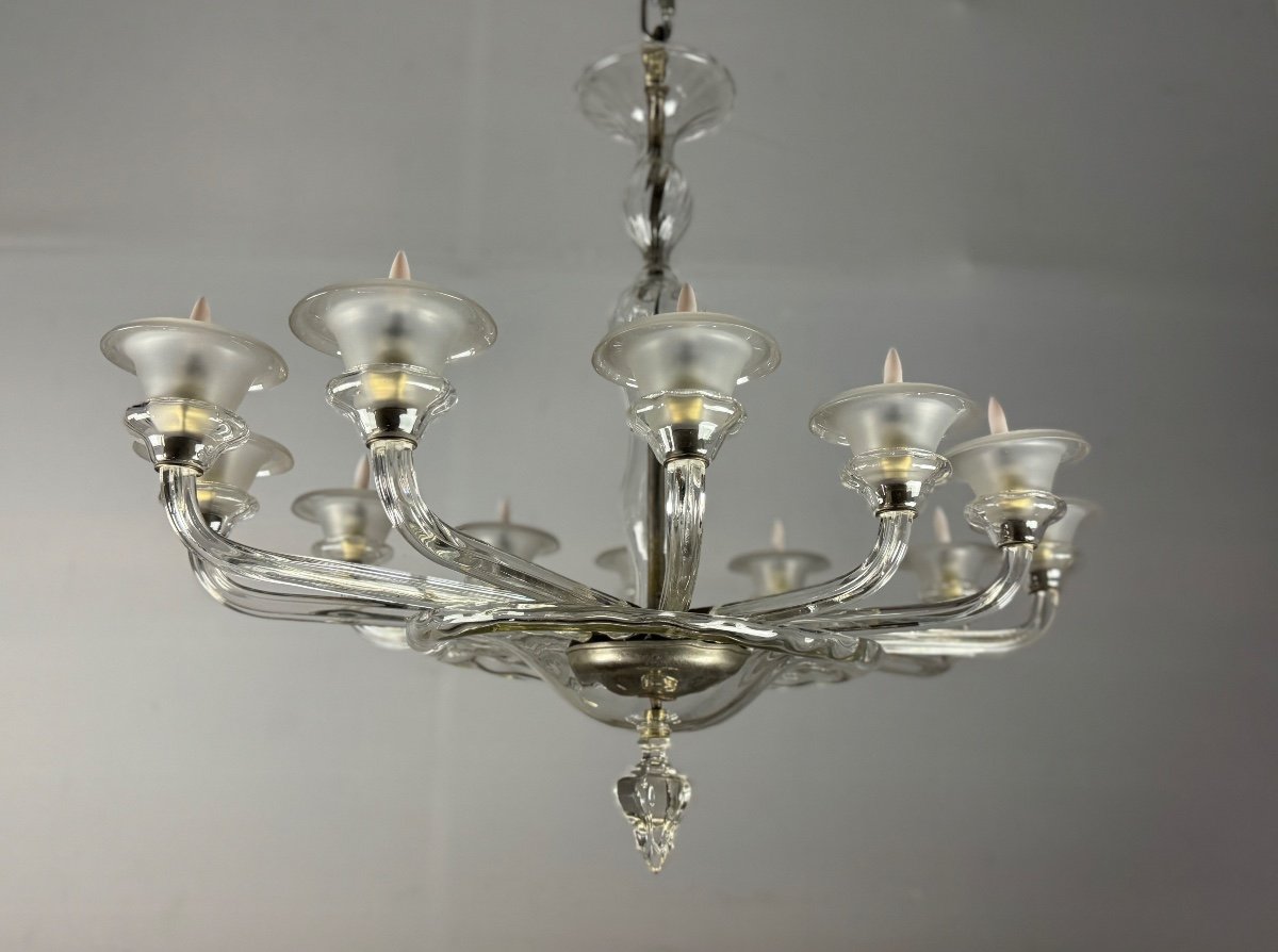 Murano Glass Oval Venetian Chandelier, 12 Light Arms Circa 1920 By Barovier -photo-4