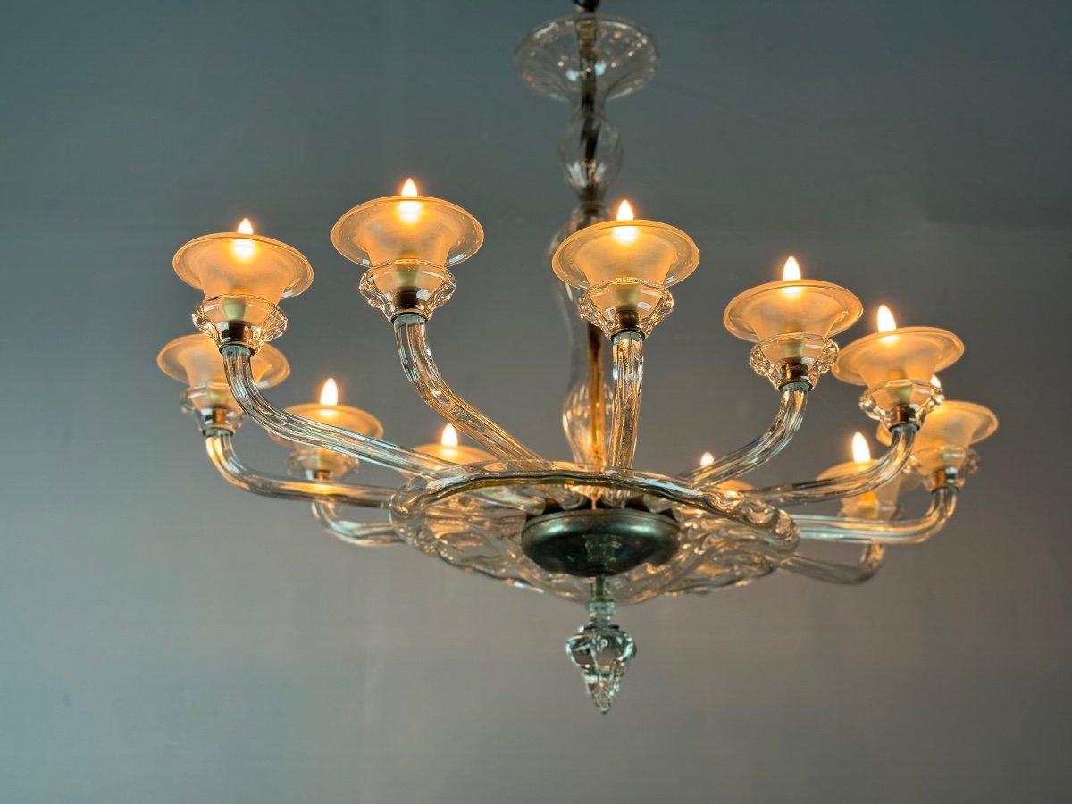 Murano Glass Oval Venetian Chandelier, 12 Light Arms Circa 1920 By Barovier -photo-2