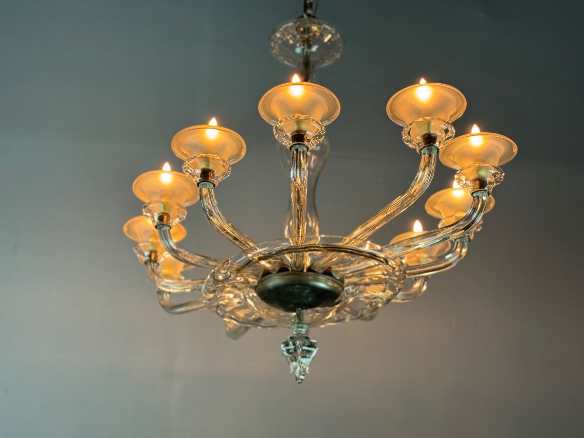 Murano Glass Oval Venetian Chandelier, 12 Light Arms Circa 1920 By Barovier -photo-4