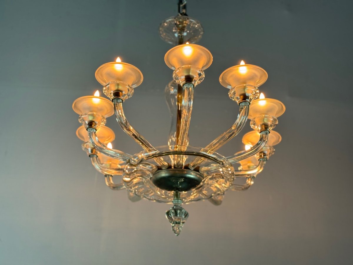 Murano Glass Oval Venetian Chandelier, 12 Light Arms Circa 1920 By Barovier -photo-5