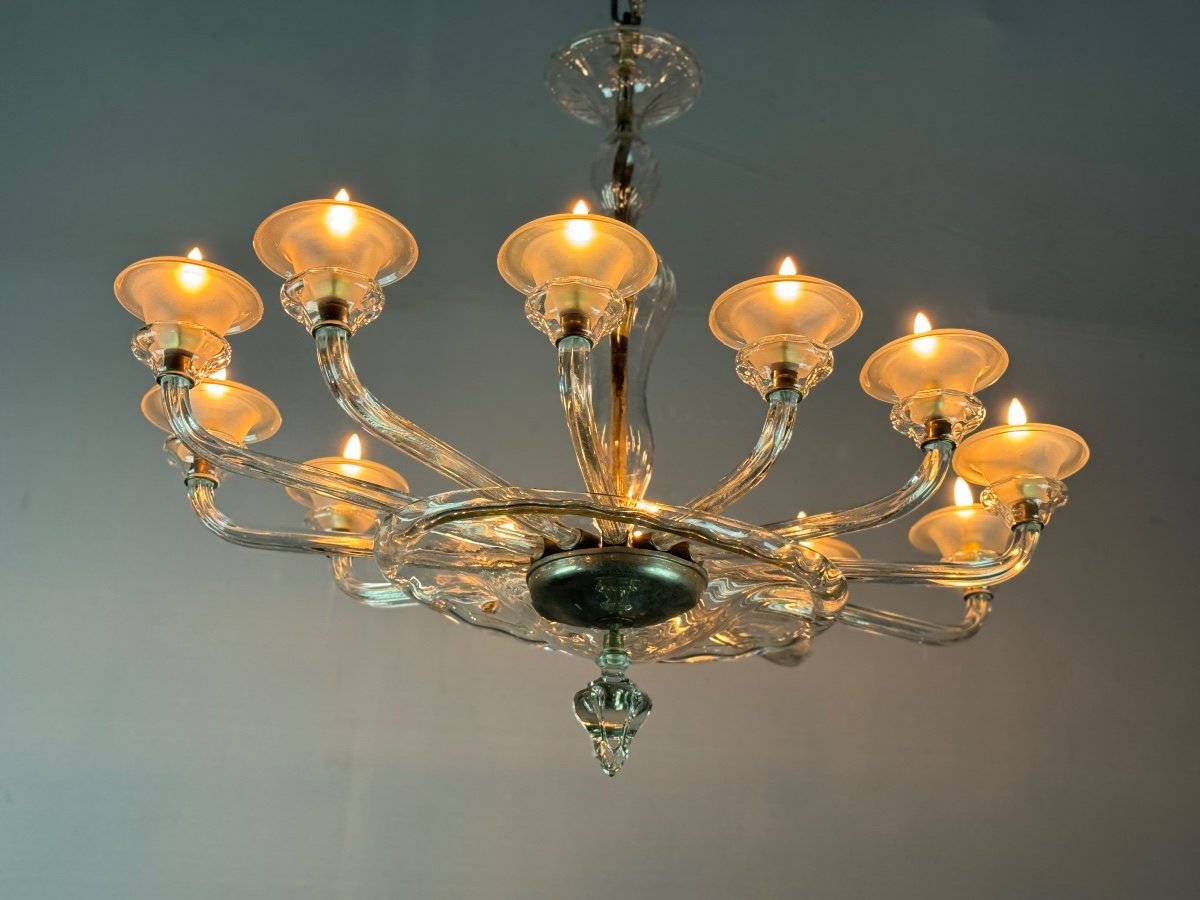 Murano Glass Oval Venetian Chandelier, 12 Light Arms Circa 1920 By Barovier -photo-6