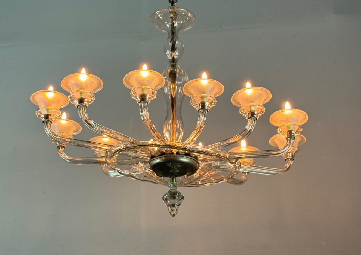 Murano Glass Oval Venetian Chandelier, 12 Light Arms Circa 1920 By Barovier 