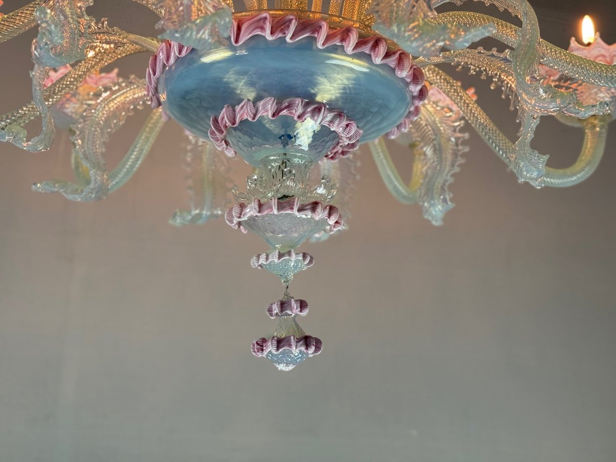 Large Opalescent Blue And Pink Murano Glass Venetian Chandelier Circa 1930-photo-3