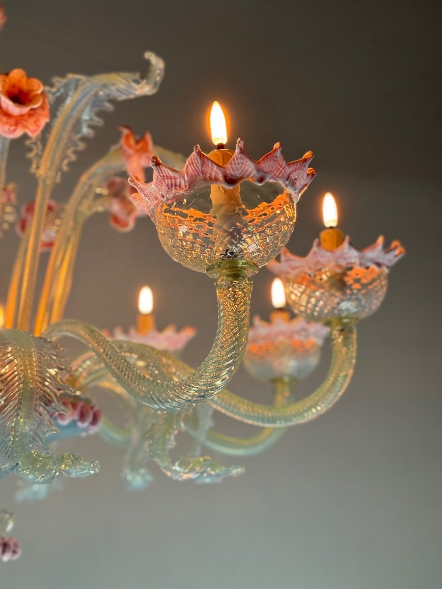 Large Opalescent Blue And Pink Murano Glass Venetian Chandelier Circa 1930-photo-4