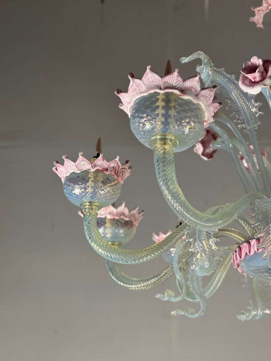 Large Opalescent Blue And Pink Murano Glass Venetian Chandelier Circa 1930-photo-5